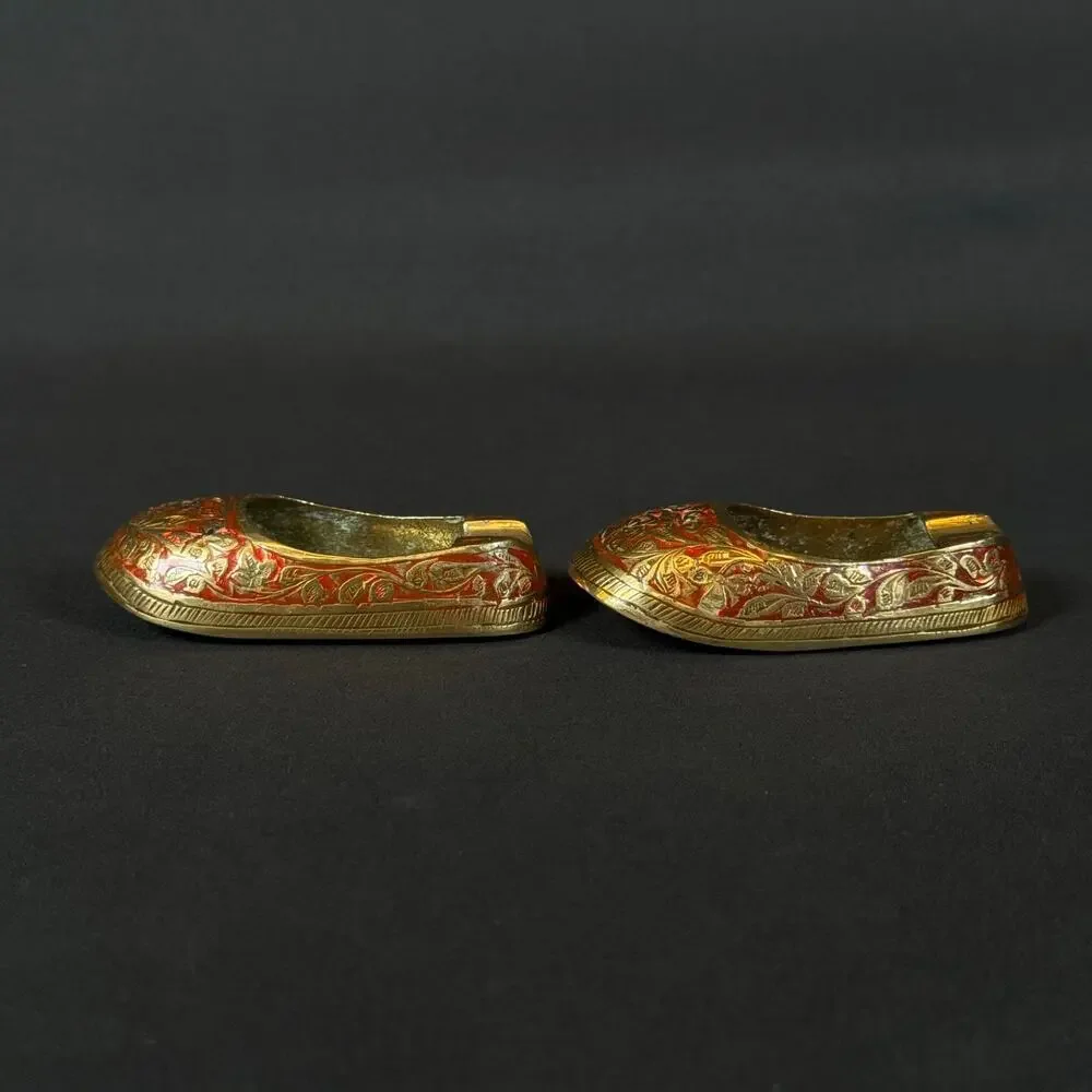 Lot of 2 Brass Slipper Ashtray Enamel Floral Design Cigarette Shoes India